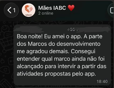 Mensagem de mãe no grupo do Iabecê sobre os marcos do desenvolvimento